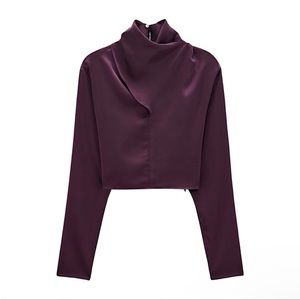 Zara Satin Drapey Crop Top Blouse with Long Sleeves size xs